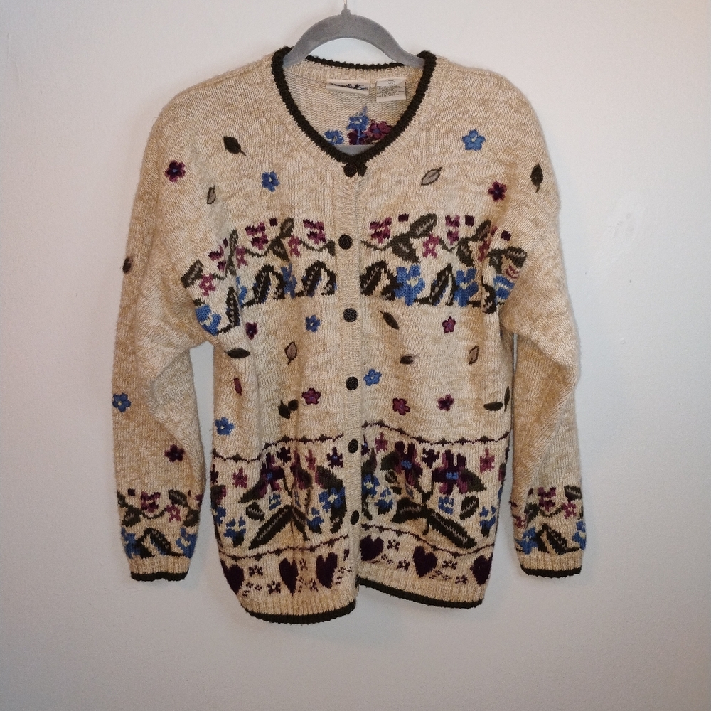 Vintage Northern Reflections Beige Floral Knit Cardigan 55% Wool Women's Sz Lg